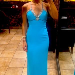 Turquoise Blue Embellished Neckline Gown